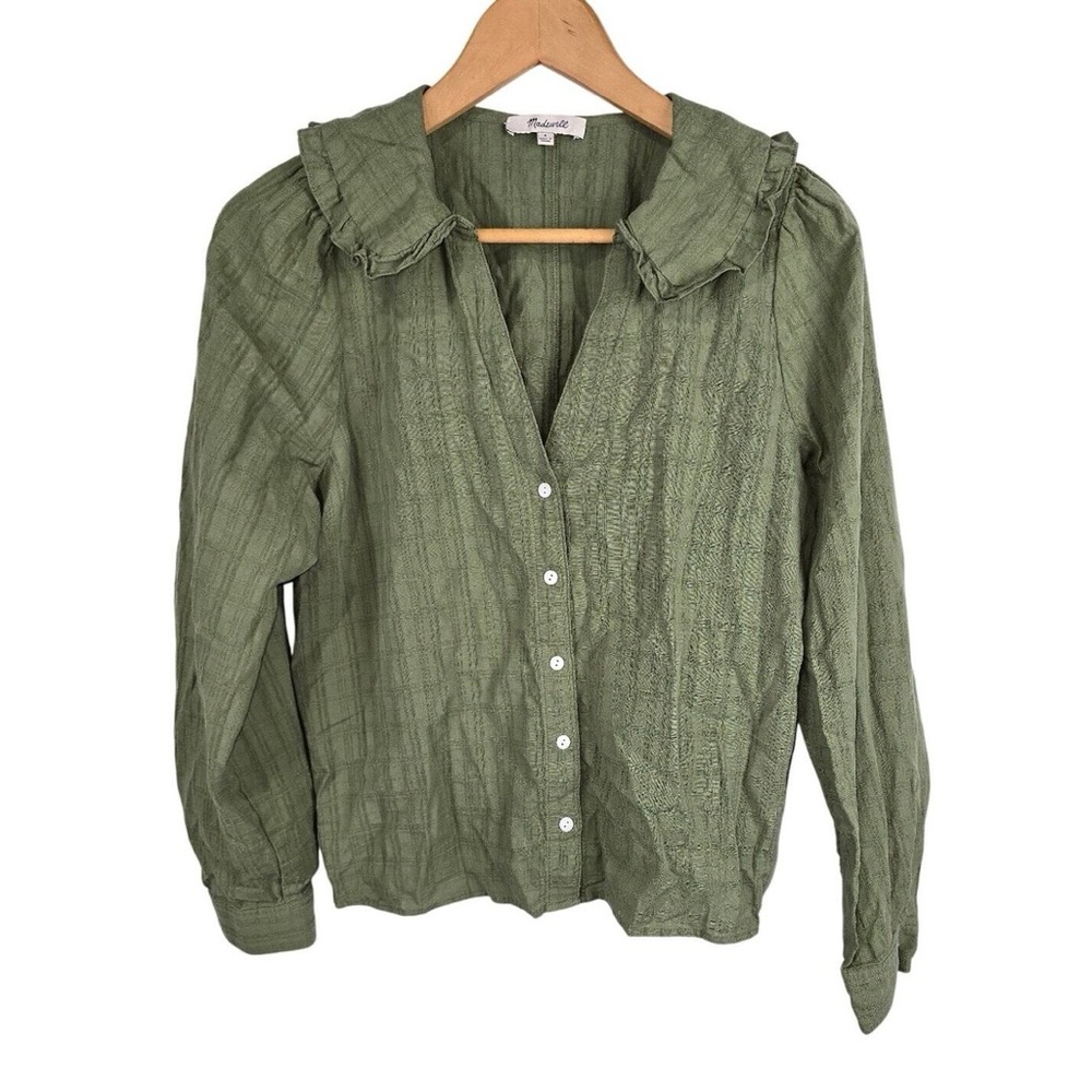 Madewell Olive Button-Down Shirt with Ruffles